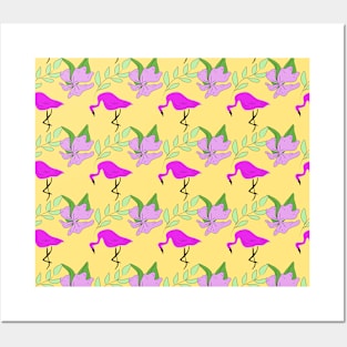 Flamingo birds, exotic flowers, summer, vacation Posters and Art